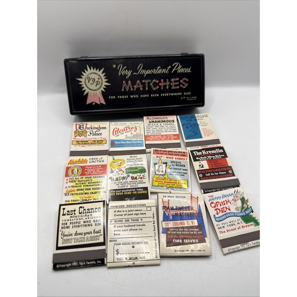 Vntg 1957 Very Important Places Novelty Matchbook Matches With Case Funny RARE